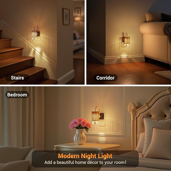 JandCase Night Light Plug in, Modern Night Lights Plug into Wall with Dusk to Dawn Light Sensor, Warm White 3000K Boho Nightlight LED, Adjustable Brightness for Bathroom Bedroom Hallway 2 Pack