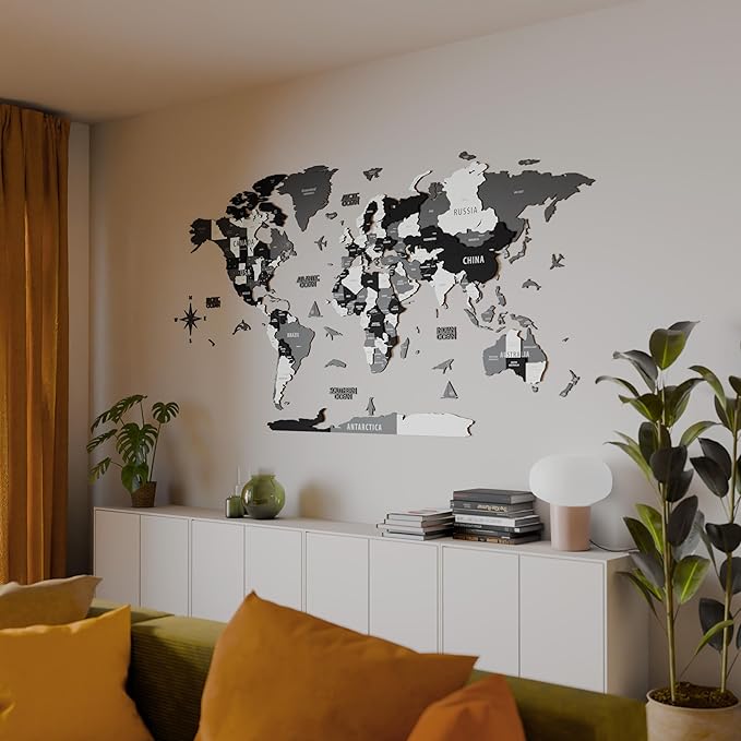 Colorfull Worlds 3D Wooden World Wall Art | Unique Wall Decor with Pins for Travel Enthusiasts | Home and Office Wall Décor | Grey | Large