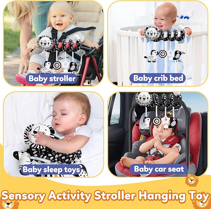 Baby Carseat Toy Black & White Rattle Spiral Hanging Activity Stroller Toy for Newborns Boys and Girls - Lion