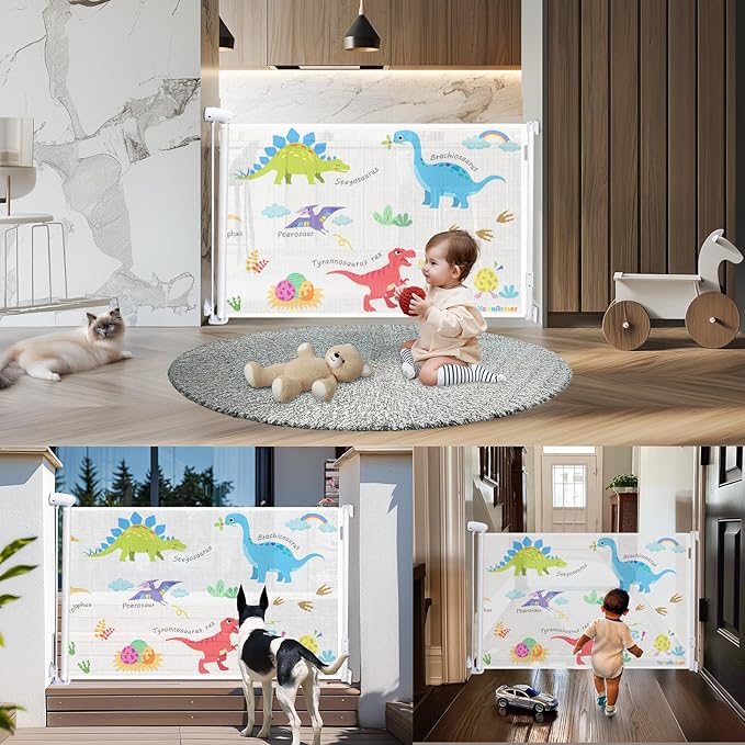 Retractable Baby Gate for Doorways and Stairs, Mesh Safety Gate for Pet, Indoor & Outdoor Use, One-Hand Operation, Easy Installation, 34" Tall, Expands to 71" Wide,Dinosaurs, 34"x71"