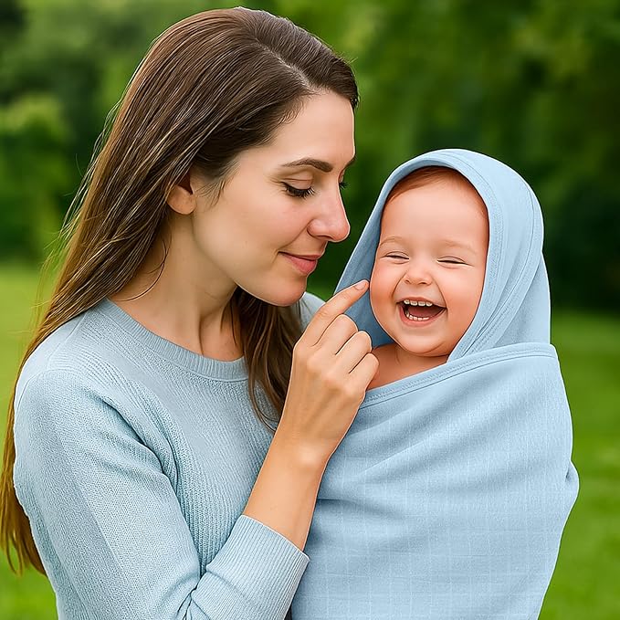 Preboun 6 Pcs Muslin Hooded Baby Towels and Washcloths 32"x 32" Cotton Newborn Bath Towel Anti-Shrink Infant Baby Blankets with Hood 12"x 12" Washcloths for Girl Boy Toddler(Light Blue,Light Green)