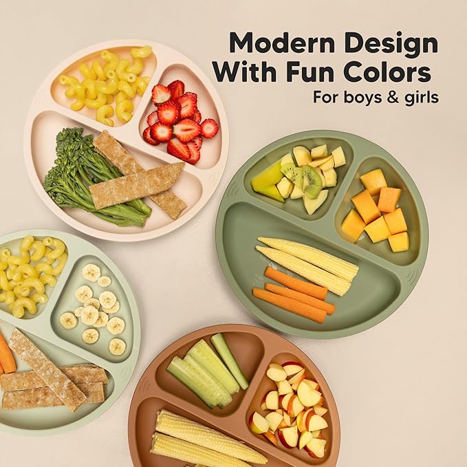 KeaBabies Suction Plates for Baby, Toddler - 3-Pack 100% Silicone Toddler Plates with Suction, Divided, BPA-Free Baby Led Weaning Essentials for Kids, Dishwasher, Microwave Safe, Durable (Dusk)