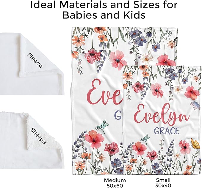 Custom Baby Blankets for Boys, Customized Baby Boy Gifts with Name, Personalized Baby Blankets, Soft Plush Fleece (Flower TM44)