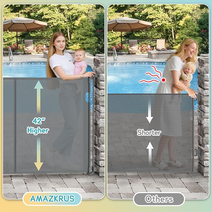 236'' Retractable Baby Gates Extra Wide, 42'' Extra Tall Retractable Dog Gate, 20 FT Grey Indoor/Outdoor Retractable Gate with Reinforcement Rods for Garage, Doorways, Stairs, Decks, Driveway, Patio