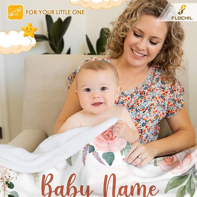 FLOCHIL Personalized Baby Blanket for Girls, Custom Baby Blanket with Name, Customized Baby Products, Gift for Baby, Newborn, Baby Shower (Woodland 2)