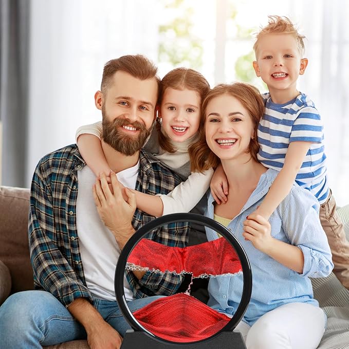 Moving Sand Art Liquid Motion, 3D Deep Sea Sandscape Color Quicksand Decor, Round Glass Moving Sand Art Picture Relaxing Desktop Home Office Work Decor (Red, 7 inch)