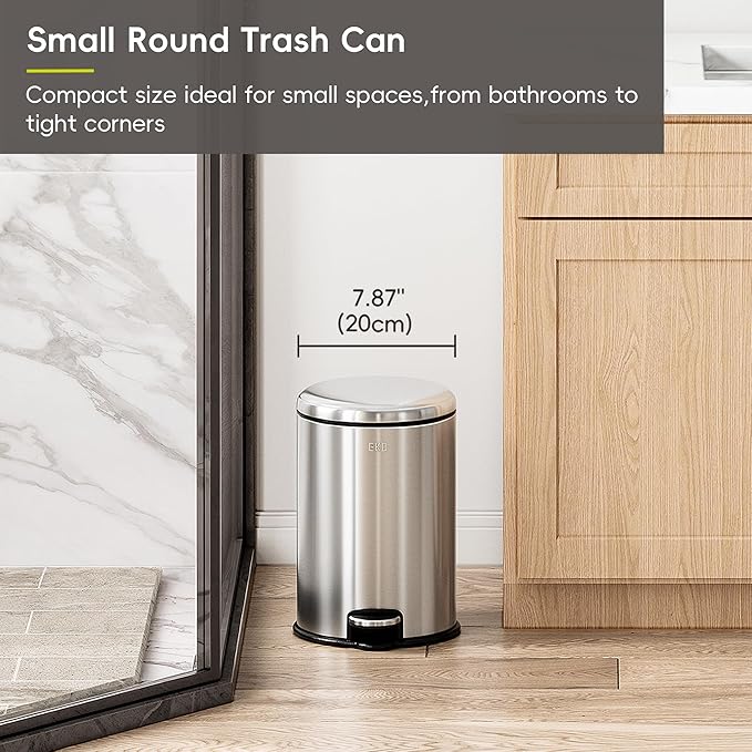 EKO Serene 5L / 1.32 Gallon Step Trash Can with Lid, Small Stainless Steel Round Garbage Can with Removable Inner Bucket, Compact Bin for Powder Rooms, Offices & Tight Bathroom Spaces.
