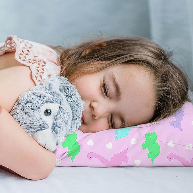 Little Sleepy Head Toddler Pillow with Pillowcase 13x18 - Kids Pillow for Sleeping - Better Neck Support Ergonomic Pillow and Toddler Pillowcase - Best Pillows for Kids (Dinosaurs Pink)