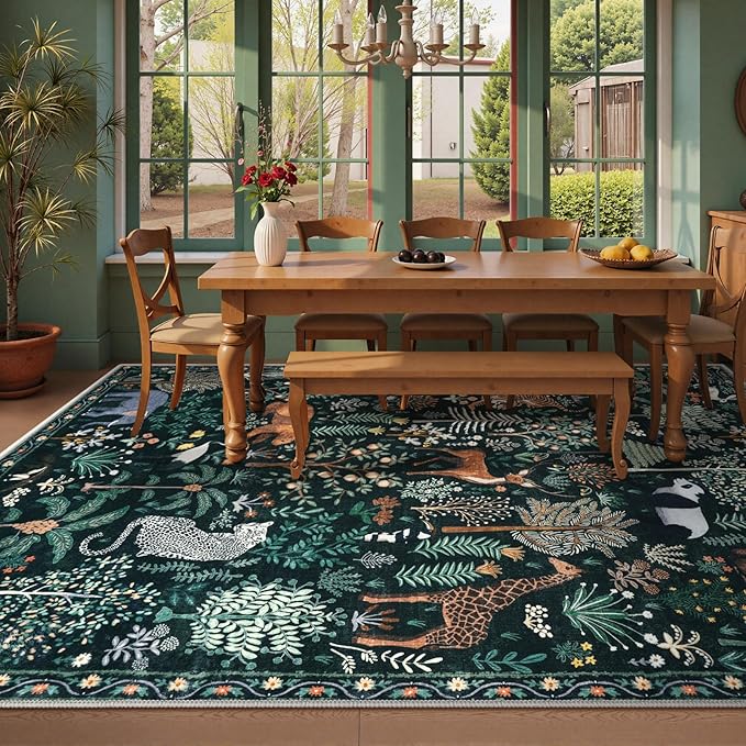 OJIA Jungle Print 9x12 Area Rugs for Living Room, Green Soft Bedroom Rug Washable Rugs 9x12, Modern Dining Room Rug Stain Resistant Ultra-Thin Floor Carpet for Playroom Kids Room Nursery