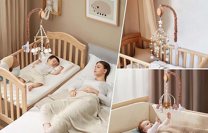 Crib Mobile Arm with Music Box - Imitation Wood - 23 Inch Mobile Arm for Crib - Crib Mobile Motor Battery Operated - Volume Control - 9 Lullabies - Crib Toys Attachments - Holder for DIY Clamp Mobile
