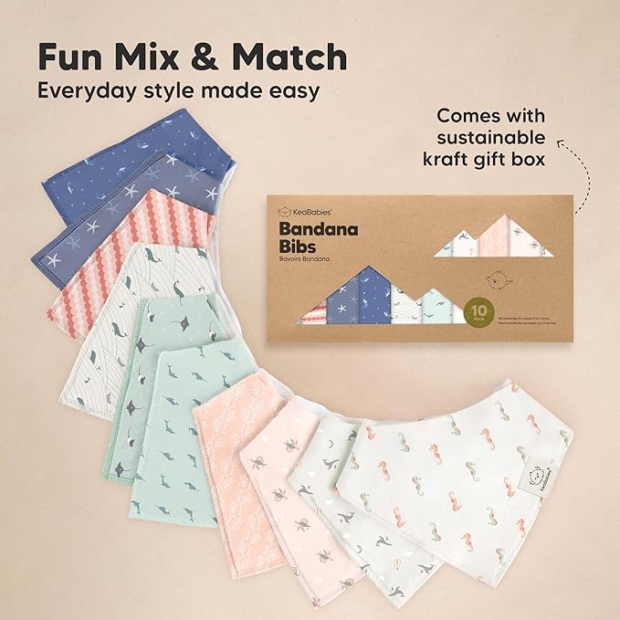 10-Pack Organic Baby Bandana Bibs for Girls - Super Absorbent Triangle Baby Bibs for Drooling and Teething Infant, 100% Cotton Extra Soft for Newborn, Infant 0-36 Months (Marine Muse)