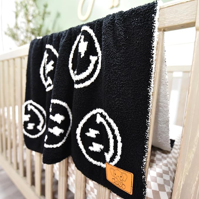 Smiley Face with Lightning Bolt Eyes Baby Blanket 28"x40" - DreamSoft Throw for Crib, Stroller or Car Seat -Receiving Blanket/Newborn Nursery Gift for Toddler, Infant, Kids, Boys & Girls (Black/White)