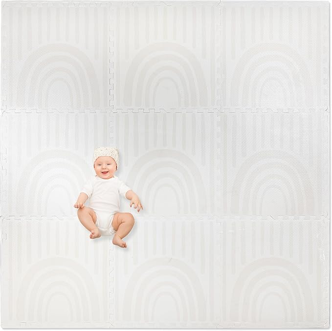 Play Platoon Non-Toxic Large Kids Play Mats for Floors, 9 Tile 72 x 72 inch - Extra-Thick Interlocking Comfortable Cushiony 24 x 24 in. Puzzle Mat with Border, Neutral Playmat Rug for Toddlers