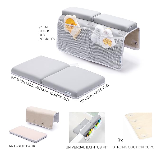 Bath Kneeler and Elbow Rest Pad, 1.75 inch Extra Thick Baby Bath Kneeling Pad and Elbow Pad for Bathtub. Bath Tub Elbow Pad with Infant Toy and Baby Accessories Organizer, Grey