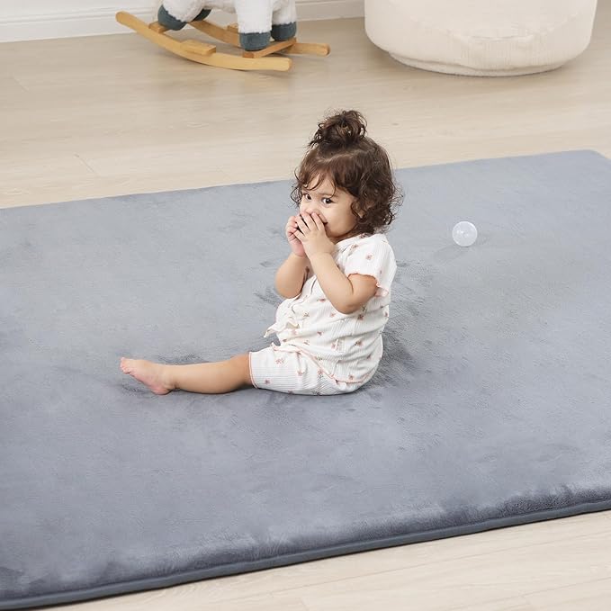 1.3" Thick Baby Floor Play Mat 59x71, Basic Padded Foam Mat for Tummy Time Crawling, Non Slip Cushioned for Babies Toddlers Infants Kids (Light Grey)