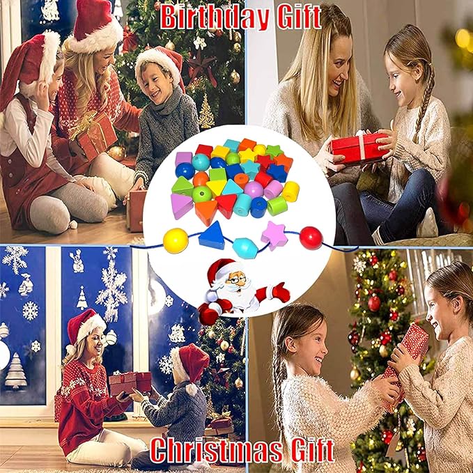 46PCS Montessori Lacing Toddler Beads Threading Toys for Toddlers Wooden Primary String Sewing Preschool Fine Motor Skills Educational Toy for 3 4 5 6Years Old Boys Girls