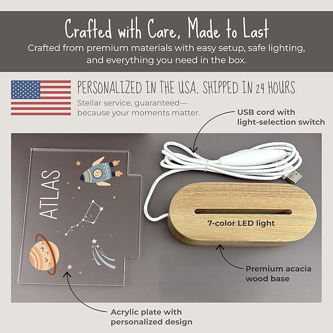 Personalized Space Baby Night Light for Kids | Custom Name Space Nursery Decor | Cute 7-Color Plug-in LED Rectangular Nightlight | Custom Baby Shower Gifts for Newborns, Toddlers, Girls, Boys 2-10