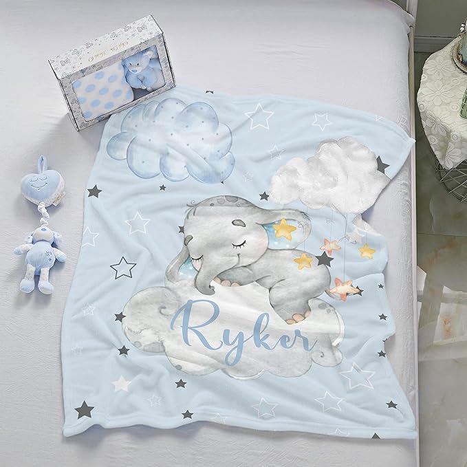 J&SBGFT Personalized Baby Blanket for Boys, Custom Baby Blanket with Name, Toddler Kids Nursery Stroller Crib Decor Throw, Sleeping Elephant