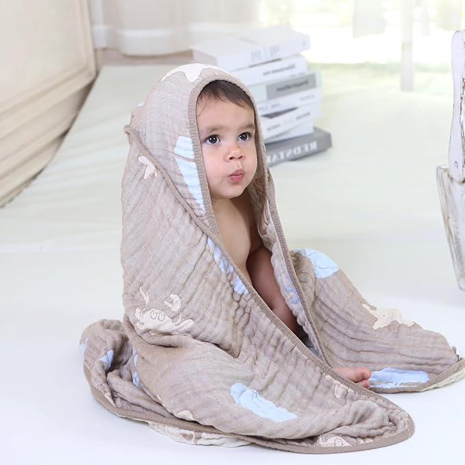 Ultra-Soft Muslin Baby Hooded Towel - 32 x 32 Inches, Ideal for Bath & Beach, Suitable for Both Boys & Girls from Newborns to Toddlers(Ocean Coffee