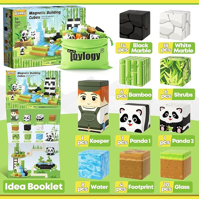 Magnetic Blocks-Build Mine Magnet World Panda Edition, Magnetic Tiles Building Blocks for Boys & Girls Age 3-5 4-8 5-7, Kids STEM Sensory Learning Outdoor Toys for 3+ Years Old Girls Boys Gifts