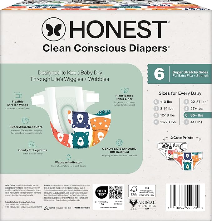 The Honest Company Clean Conscious Diapers for Delicate Skin | Up to 100% Leakproof | Hypoallergenic, Fragrance Free | Gender Neutral | Club Box, Size 6 (35+ lbs), 40 Count (Prints May Vary)