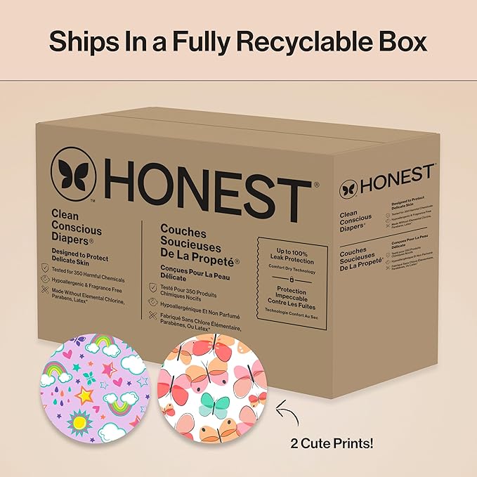 The Honest Company Clean Conscious Diapers for Sensitive Skin, Up to 100% Leakproof Hypoallergenic Fragrance-Free Baby Diapers, Girl Prints, Super Club Box, Size 6 (35+ lbs), 68 Count (Prints Vary)