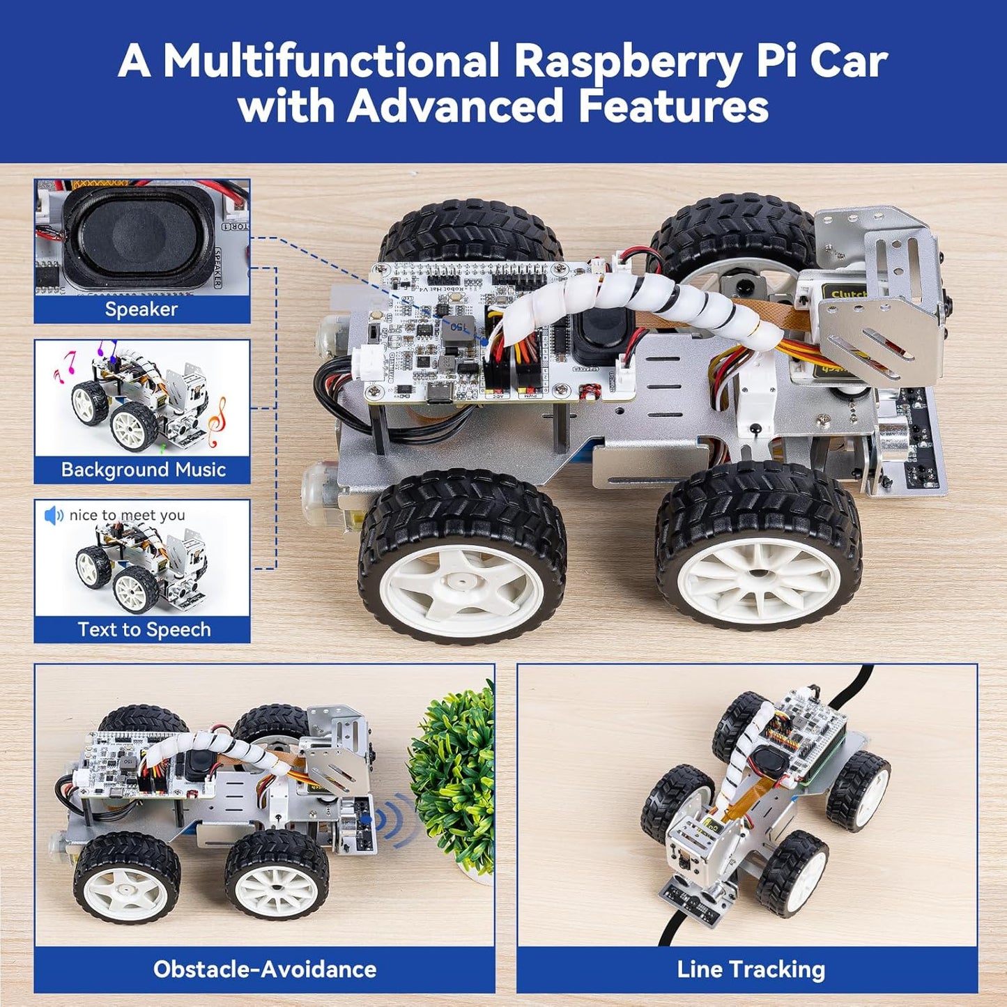 SunFounder PiCar-X AI Video Robot Car Kit with Raspberry Pi Zero 2 W+32G TF Card, ChatGPT-4o Enabled with Video Recognition, Python, Scratch, Camera, Mic, Rechargeable Batterry