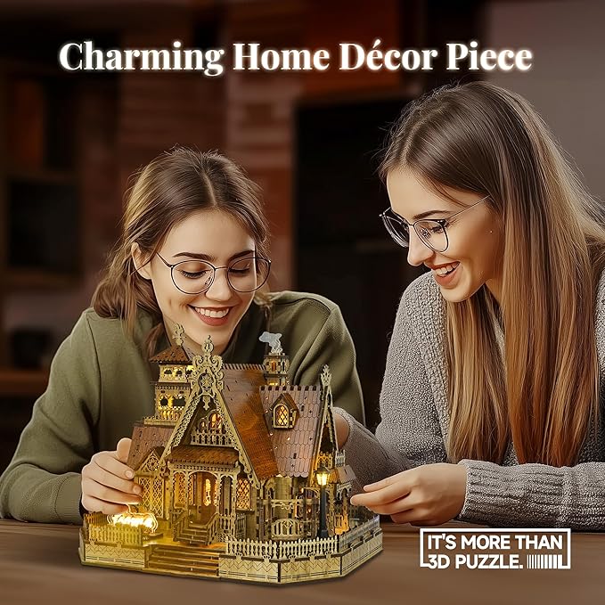 LED 3D Wood Puzzle Countryside Cottage Model - DIY Miniature Building Kit with Spark LED Lights - 3D Craft Rural Architecture Home Décor Gift for Adults