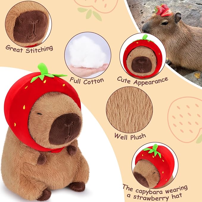 Achwishap Capybara Plush,Cute Plushies Capybara Stuffed Animal,Capybara Plush Toys,Kawaii Plush Stuffed Toy with Strawberry Hat Plushie Gift for Kids Adults Birthday(Capybara with Strawberry Hat,12”)