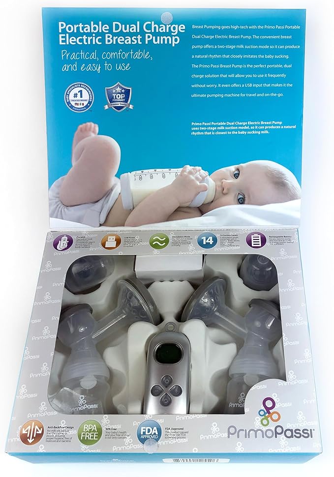 Primo Passi - Double Electric Breast Pump Portable | Small Easy to Carry | Rechargeable Battery Breastpump | Saca Leche