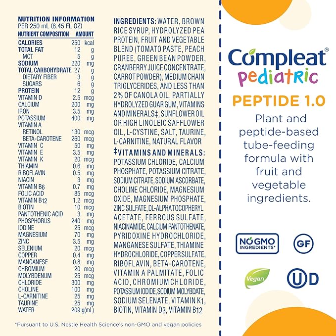 Compleat Pediatric Peptide 1.0 Pediatric Tube Feeding Formula Vegetable/Fruit Medley Flavor 250 mL Carton 24 Ct