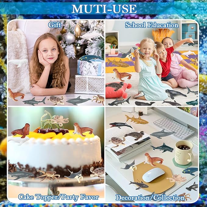 24PCS Mini Ocean Animal Figurines - Realistic Sea Creatures Toy Figures with Sharks, Whales & Walrus - Under The Sea Life Figure for Party Decoration, Easter Egg Filler & School Project