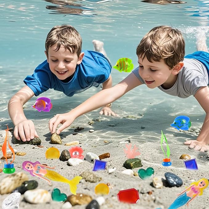 Diving Pool Toys for Kids Ages 4-12, 27 Pcs Mermaid Pool Toys with Gem Pirate Treasure and Chestand Storage Bag, Swimming Training Game Toy Summer Beach Party Gifts for Boys Girls Toddlers