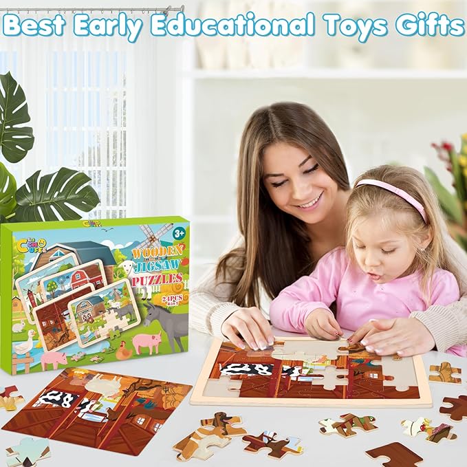 Wooden Farm Puzzles for Kids Age 3 4 5 Year Old, 4 Pack 24 Pcs Montessori Toddler Jigsaw Puzzles for Girl boy Activities Preschool Learning Educational Birthday Gift