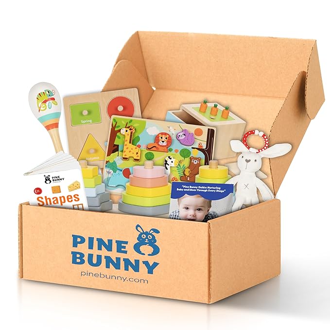 Pine Bunny Montessori Wooden 11-in-1 Toy Set for 13+ Months 3-in-1 Coins Carrots Matchsticks box Shape Sorter Bunny Doll Sand Hammer Animal Puzzle Educational Learning and Problem Solving Toddler Toys