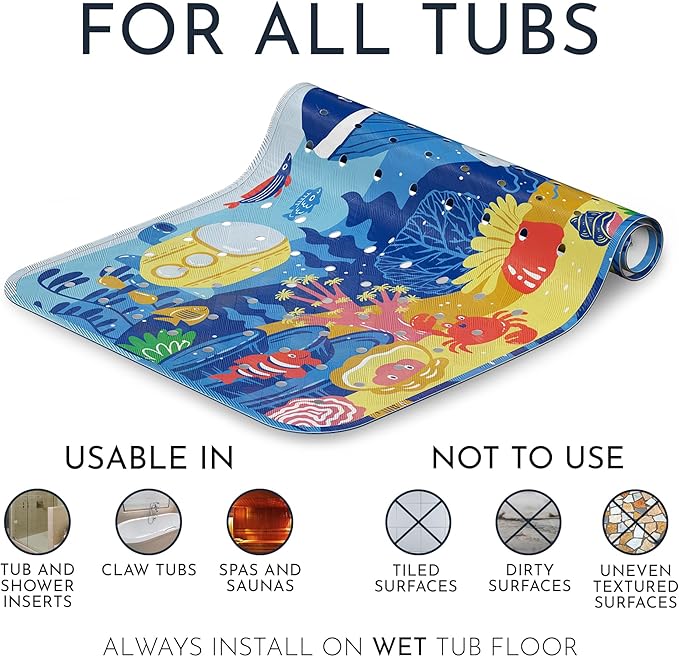 Homerella Baby Bath Tub Mat | Anti Mold Mildew Resistant Non Slip Kids and Adult Bath Tub Shower Mats | 40x16 inch Long with Suction Cups for Secure Grip Hooks for Storage & Drying | Machine Washable