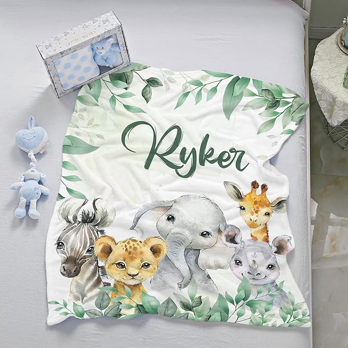 J&SBGFT Personalized Baby Blanket - Custom Baby Blanket with Name - Receiving Blankets for Toddler's Nursery, Stroller, Crib; Safari Animal