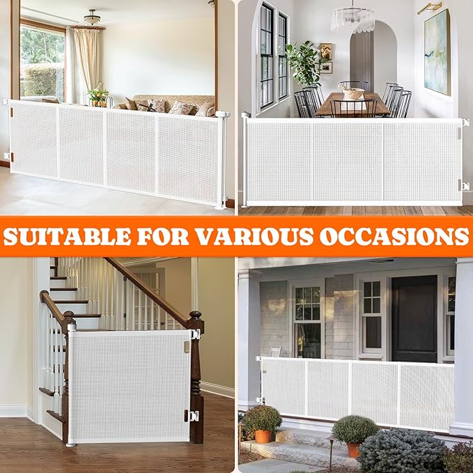 Pawtners Retractable Baby Gates Extra Wide, 41" Tall Extends up to 200" Wide, Dog Gate Indoor for Stairs, Pet Gate with Support Rods for Doorways Hallways Garage Indoor & Outdoor-White