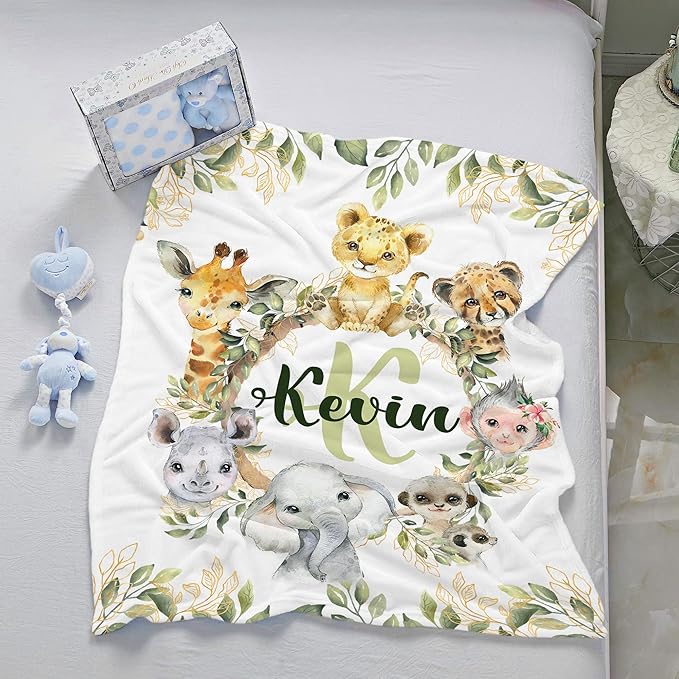 J&SBGFT Personalized Safari Animal Wood Baby Blanket, Custom Name, 30"x40", Brown, Green, Flannel, Unisex, Modern, Multi-Purpose, Customizable, Baby/Home