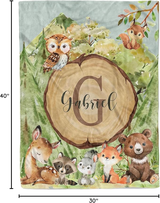 MDPrints Custom Baby Blankets for Boys and Girls, Personalized Baby Gifts, Customized Newborn Blanket with Name, Minky Plush Fleece (Woodland HA75)