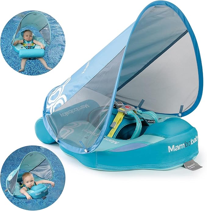 Mambobaby Float Baby Float with Canopy & Tail Non-Inflatable Infant Pool Floats Adjustable Safety Strap Toddler Swim Trainer (Green)