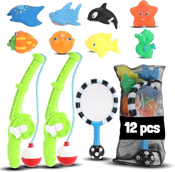 Magnetic Toddler Bath Toys - Kids Fishing Pool Game Set of 2 Fishing Poles, 8 Rubber Sea Animals, & Net - Water Toys with Mesh Organizer Bag
