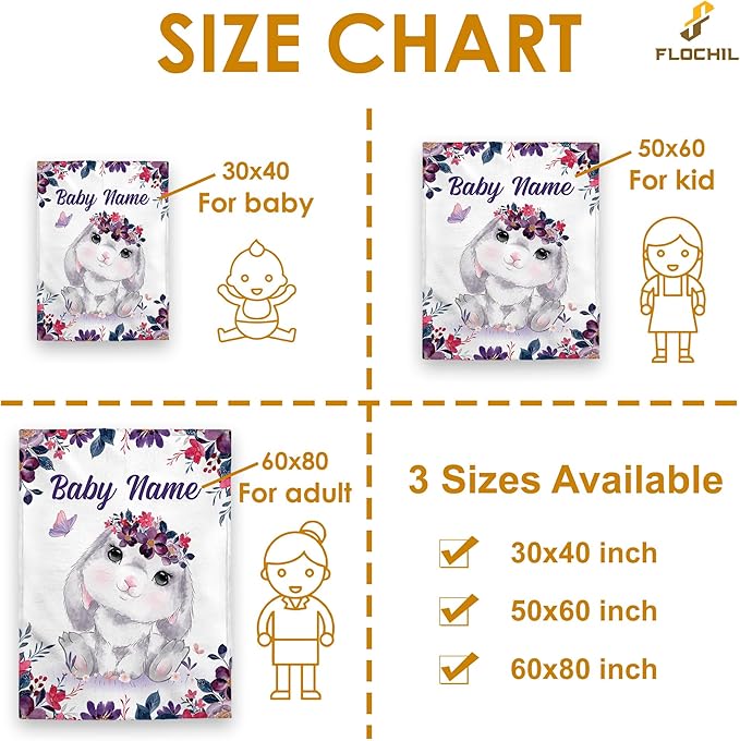 FLOCHIL Personalized Baby Blanket for Girls, Custom Baby Blanket with Name, Customized Baby Products, Gift for Baby, Newborn, Baby Shower (Bunny 2)