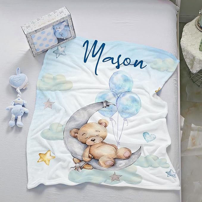 J&SBGFT Personalized Baby Blanket for Boys - Custom Name Receiving Blanket for Toddlers, Kids - Nursery, Stroller, Crib Decor Throw With Sleeping Bear