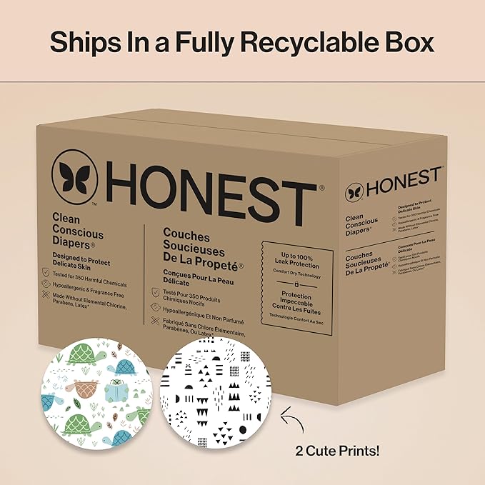 The Honest Company Clean Conscious Diapers for Sensitive Skin, Up to 100% Leakproof Hypoallergenic Fragrance-Free Baby Diapers, Gender Neutral Prints, Super Club Box, Size 2 (12–18 lbs), 124 Count