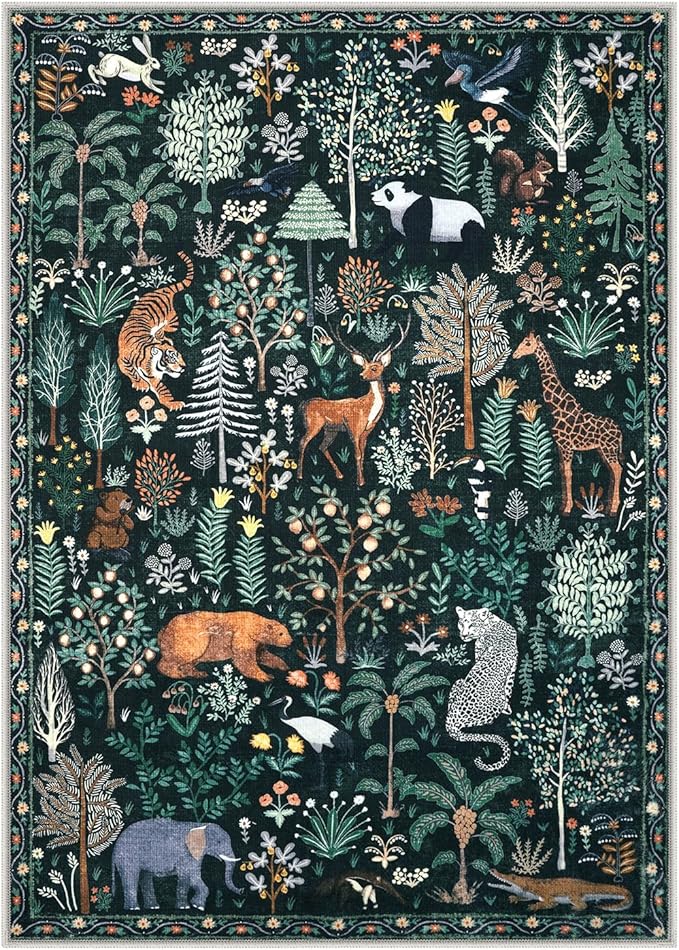 OJIA Jungle Print Nursery Rugs 8x10 Kids Room Rugs for Living Room Playroom, Green Soft Bedroom Rug Washable Area Rugs 8x10, Modern Dining Room Rug Stain Resistant Floor Carpet for Office, Green