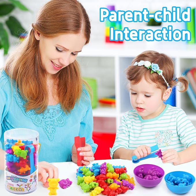 UNIQUE KIDS Counting Matching Game with Sorting Cups, Color Classification and Sensory Training Educational Learning Toys Set Gift for Toddlers Preschool Ages 3 Years and up (New Stacking Bear)