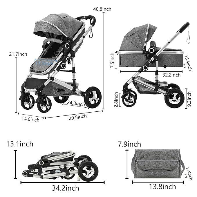 Kinder King 2 in 1 Convertible Baby Stroller, Folding High Landscape Infant Carriage, Newborn Reversible Pram, Diaper Bag, Anti-Shock Toddler Pushchair Stroller, Dark Grey