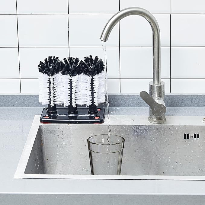Havawish 1 Pack Water Bottle Cleaning Brush with Suction Base, 3 Head Bristle Bar Glass Washer for Sink, Cup Washer Brush Cleaner for Bar Beer Cup, Wine Glass(7.3 x 3.7 x 7.5)