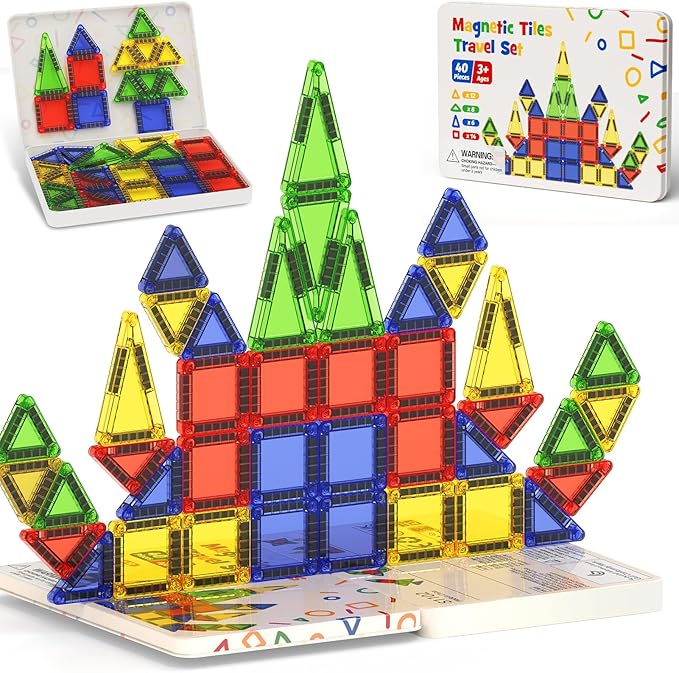 Mini Magnetic Tiles for Kids Travel - 40pcs STEM Building Blocks with Visual Storage Guide & Metal Box Play Base, Toddler Airplane Activities Toys for Ages 3-5,4-8, Compact Travel Toys